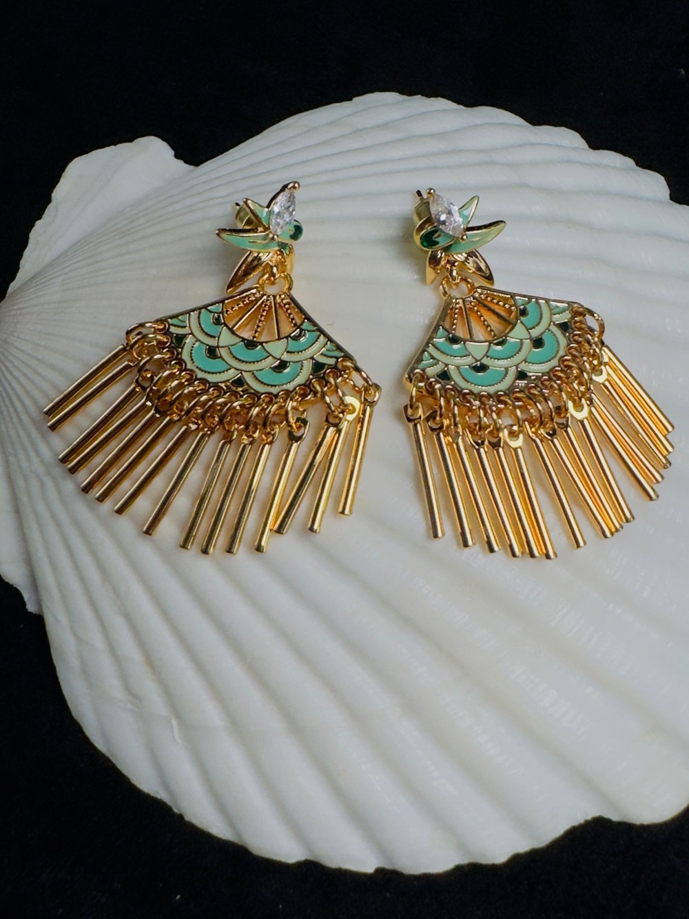 Gold and Mint Fan Tassel Drop Earrings - Women's Jewelry - Picture 3 of 8
